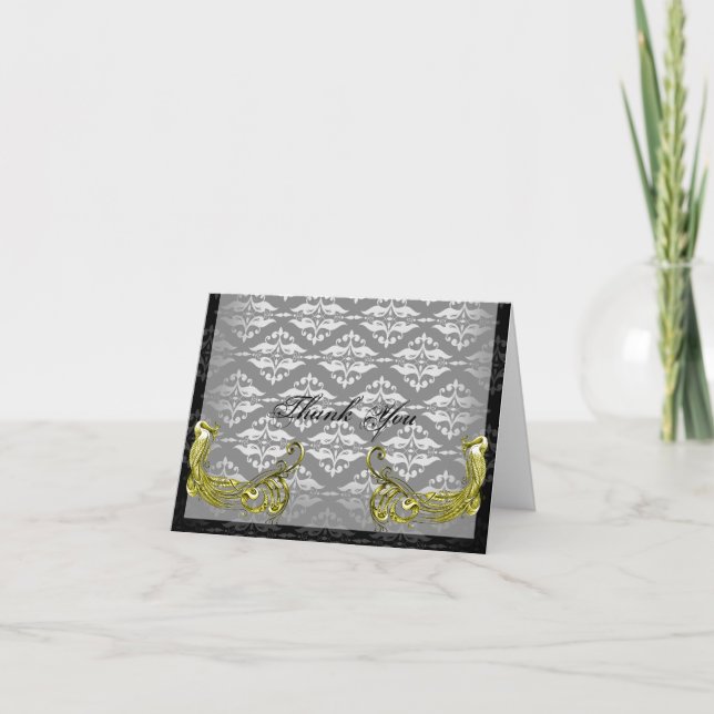 Cartão De Agradecimento Ilustração do Pavão Dourado no Obrigado em Damasco (Frente)