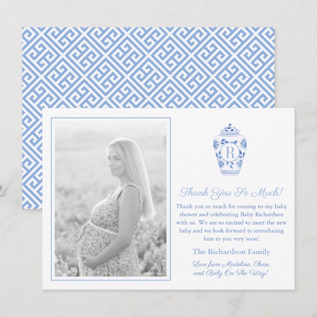 Cartão De Agradecimento Imagem de chuve de bebê com monograma azul e branc (Frente/Verso)
