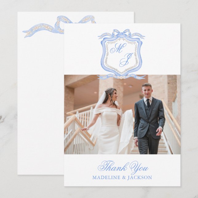 Cartão De Agradecimento Imagem do Monograma Azul do Designer de Aquarelas (Frente/Verso)