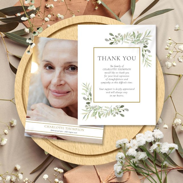 Cartão De Agradecimento Imagem Dourada do Memorial Funeral (Funeral Memorial Greenery Gold Frame Photo Thank You Card)