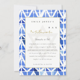 CARTÃO DE AGRADECIMENTO INDIGO AZUL WATERCOLOR CHEVRON BAT BAR MITZVAH