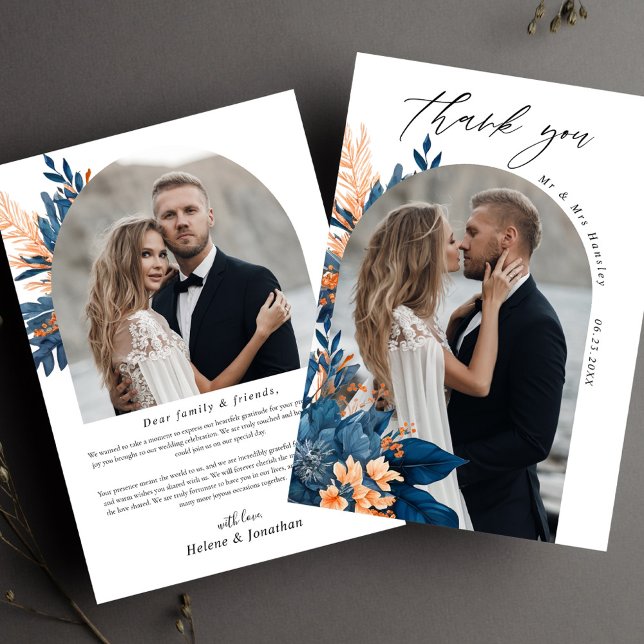 Cartão De Agradecimento Indigo Rust Floral Wedding Foto (Indigo Rust Floral Wedding Photo Thank You Card)