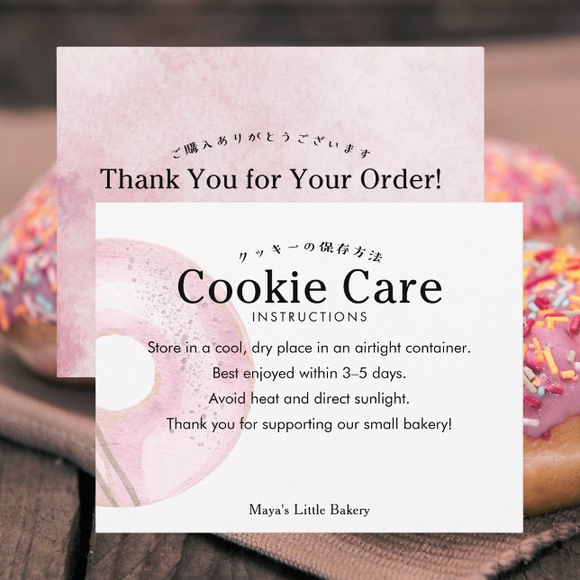 Cartão De Agradecimento Instruções de Cuidados de Biscoito Donut Rosa Rúst (Criador carregado)