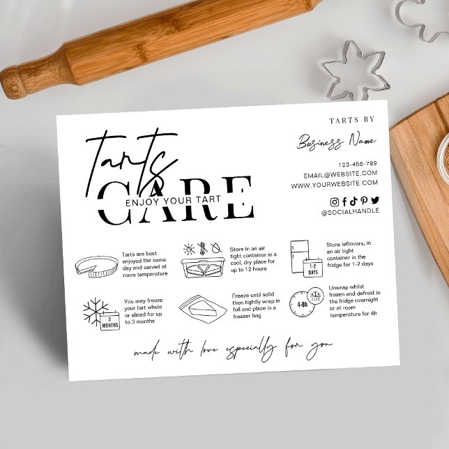 Cartão De Agradecimento Instruções para tratamento de tartarugas Panificaç (Minimalist tarts care instructions card with icons, space for your business info and thank you note)