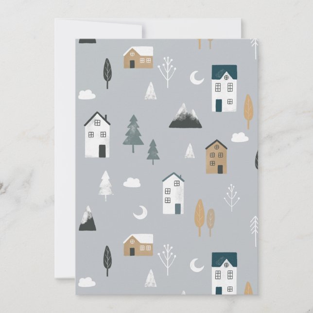 Cartão De Agradecimento Inverno da cinza azul-cozy na aldeia nórdica (Frente)
