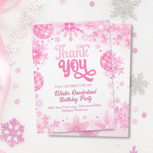 Cartão De Agradecimento Inverno Onederland Floco de Neve Rosa Primeiro Ani