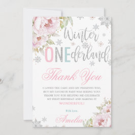 Cartão De Agradecimento Inverno ONEderland primeiro aniversario Floral Sil