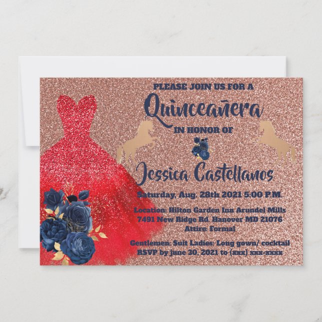 Cartão De Agradecimento Invitation Red Gold Sparkle Dress Quinceañera (Frente)