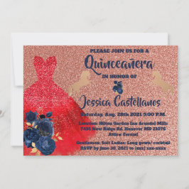 Cartão De Agradecimento Invitation Red Gold Sparkle Dress Quinceañera
