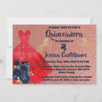 Cartão De Agradecimento Invitation Red Gold Sparkle Dress Quinceañera