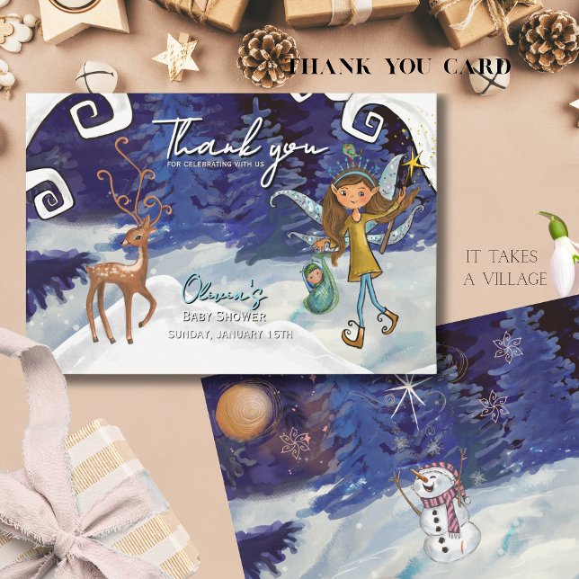 Cartão De Agradecimento It Takes a Village Winter Fairy Baby Girl  (It Takes a Village Winter Fairy Baby Girl Thank You Card)