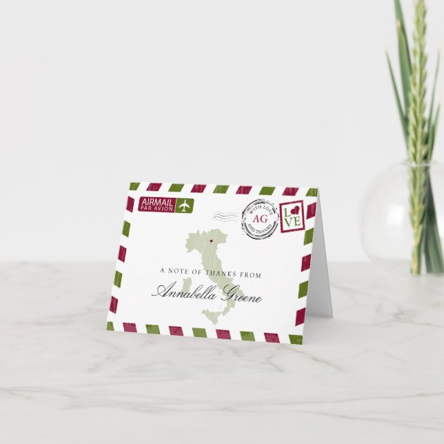 Cartão De Agradecimento Itália Aerograma Vermelho e Verde Obrigado (Frente)