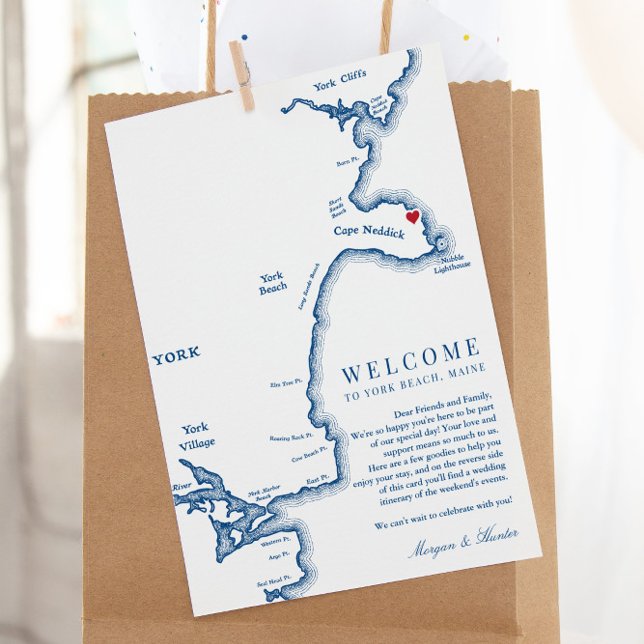 Cartão De Agradecimento Itinerário de Boas-vindas do York Maine Wedding (These York Maine wedding welcome letters have a wedding itinerary for your weekend events too)