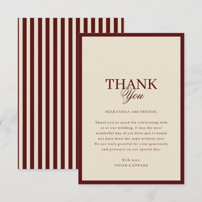 Cartão De Agradecimento Ivory & Burgundy Stripes Border Retro Wedding (Frente/Verso)