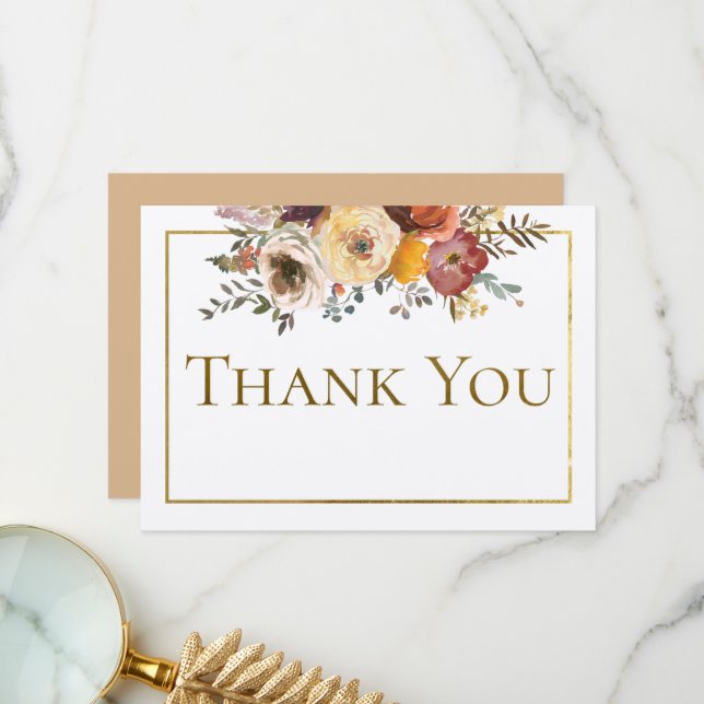 Cartão De Agradecimento Ivory Fall Floral Buquê com Casamento Dourado (Frente/Verso In Situ)