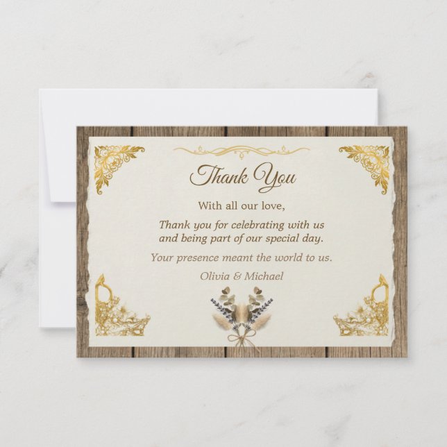 Cartão De Agradecimento Ivory Gold Boho Floral Rústico Elegante Script (Frente)