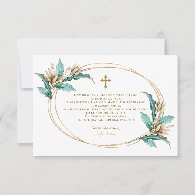 Cartão De Agradecimento Ivory Mint Floral Gracias Con Oración Bautizo (Frente)
