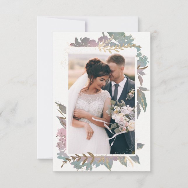 Cartão De Agradecimento Jardim de Aquarela com Foto de Casamento Personali (Frente)
