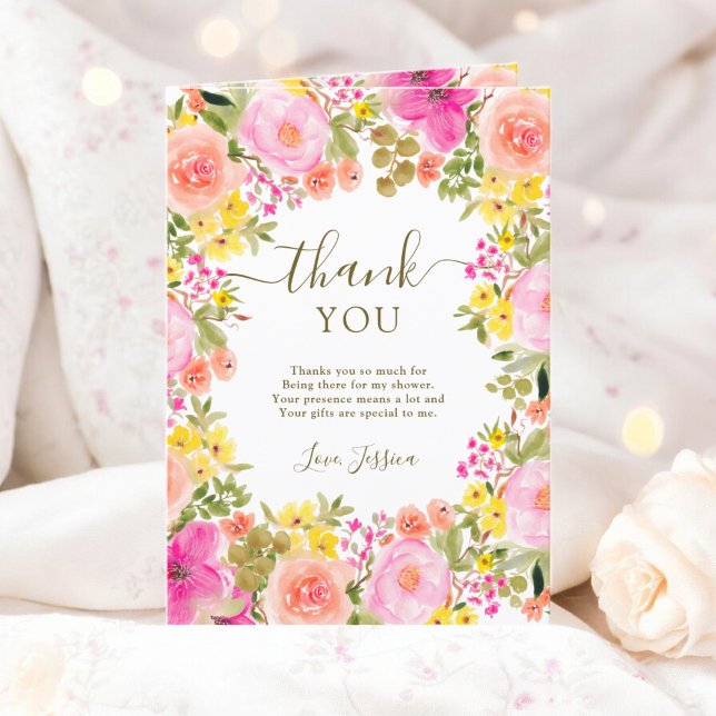 Cartão De Agradecimento Jardim de flores silvestres boho foto chá de noiva (Boho wild flowers garden photo bridal shower thank you card)