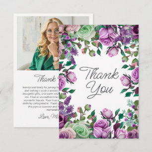Cartão De Agradecimento Jardim Floral Verde Roxo Obrigado pelo Aniversário