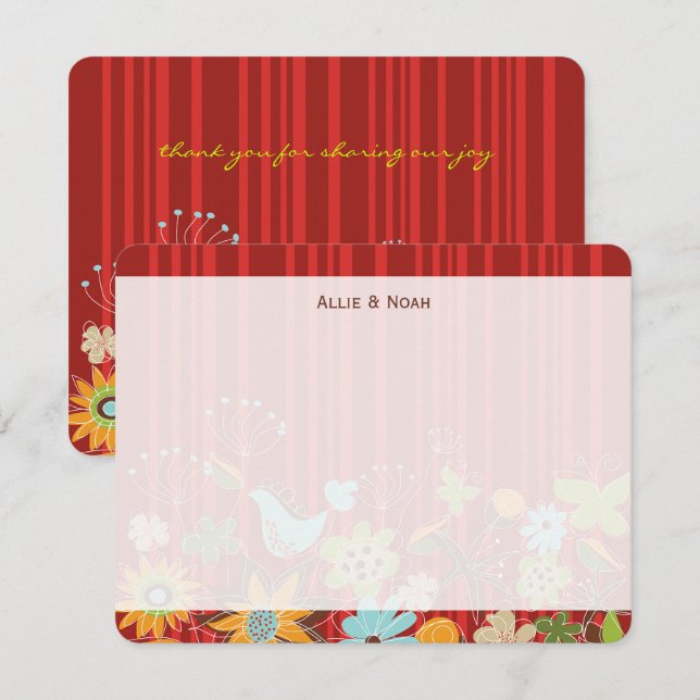 Cartão De Agradecimento Jardim Floral Vermelho Whimsical E Casamento Diver (Frente/Verso)