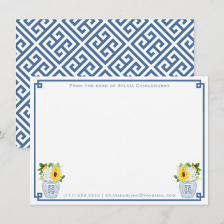 Cartão De Agradecimento Jarra de Gengibre Chic Chinoiserie Girassóis Azul 