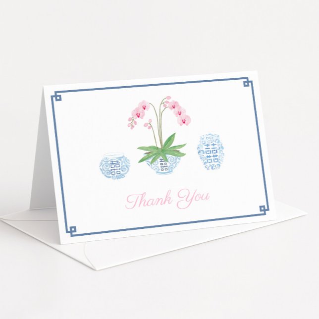 Cartão De Agradecimento Jarras de Gengibre com Orquídea Rosa Elegante para (Smart navy and pink chinoiserie bridal shower thank you card design with watercolor pink orchid)