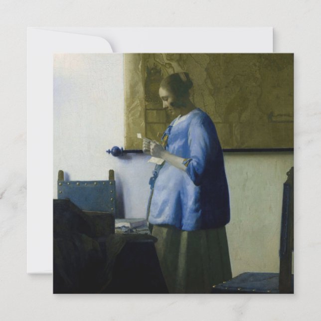 Cartão De Agradecimento Johannes Vermeer - Mulher a azul lendo uma letra (Frente)