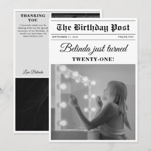 Cartão De Agradecimento Jornal de Aniversário Diversão Foto Preto e Branco