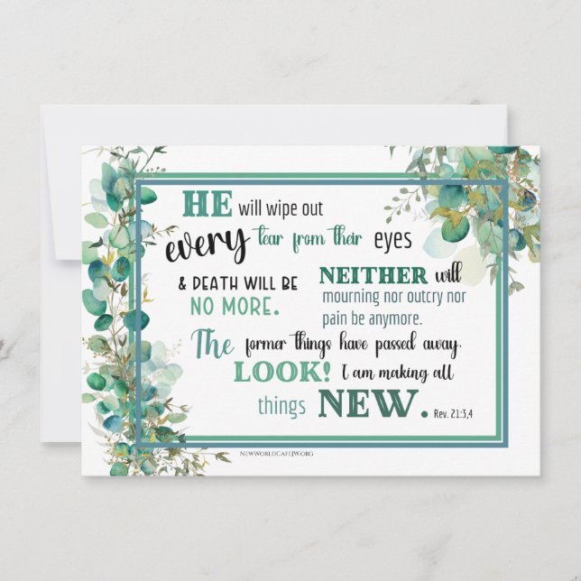 Cartão De Agradecimento JW Sympathy Card - Revelation 21:3,4 (Frente)
