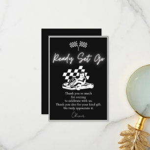 Cartão De Agradecimento Karting, menino de corrida de carro aniversário