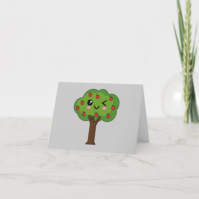 Cartão De Agradecimento Kawaii Happy Winking Apple Tree (Frente)