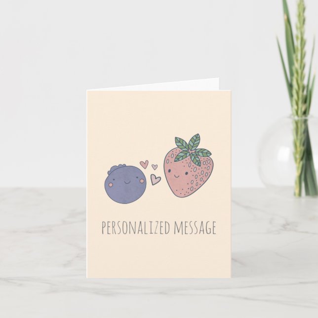 Cartão De Agradecimento Kawaii Mirtilo e Morango Apaixonados (Frente)