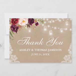 Cartão De Agradecimento Kraft Rustic Wedding Floral Jar Lights Lace
