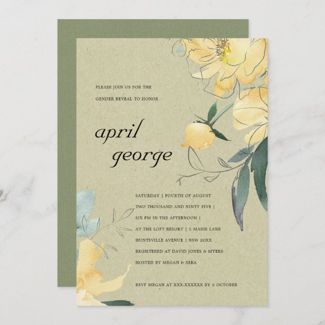 CARTÃO DE AGRADECIMENTO KRAFT YELLOEN GREEN FLORAL GENDER REVEITE (Frente/Verso)