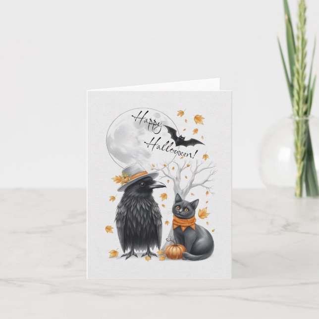 Cartão De Agradecimento Krähe und Katze Herbst Halloween Crow Grußkarte (Frente)