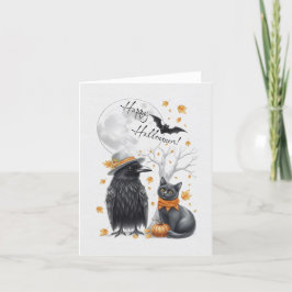 Cartão De Agradecimento Krähe und Katze Herbst Halloween Crow Grußkarte