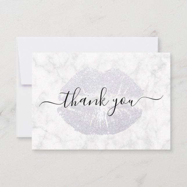 Cartão De Agradecimento Lábios brilhante moderno de prata marmoreado branc (Frente)