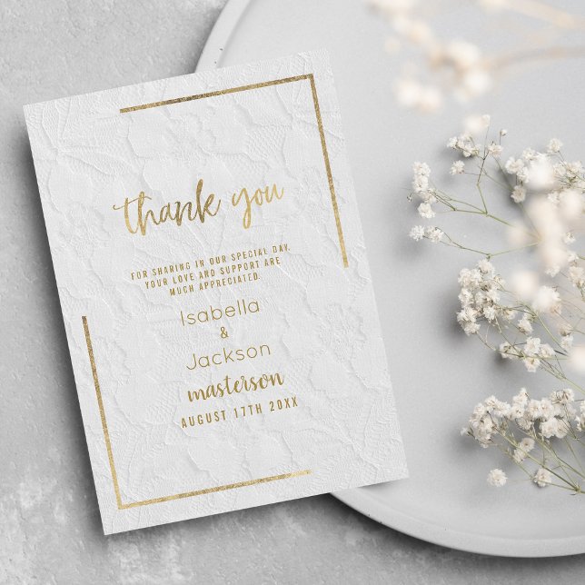 Cartão De Agradecimento Lace floral francês de ouro branco elegante (Elegant white gold french floral lace Wedding Invitation)