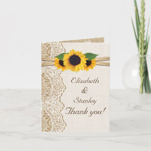 Cartão De Agradecimento Lace, sunflowers and burlap wedding Thank You