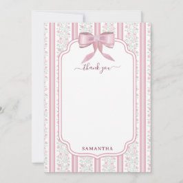 Cartão De Agradecimento Laço Coquette Floral Rosa Vintage Nome Personaliza
