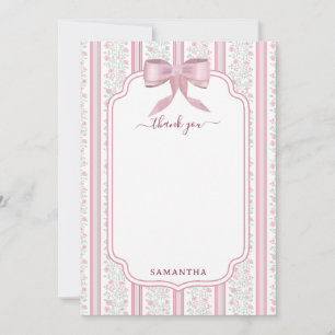Cartão De Agradecimento Laço Coquette Floral Rosa Vintage Nome Personaliza