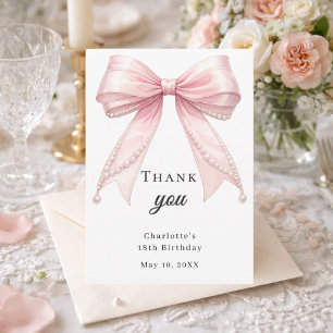 Cartão De Agradecimento Laço de aniversário pérolas rosa elegante