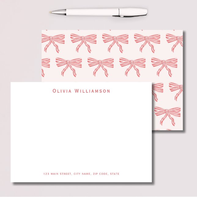 Cartão De Agradecimento Laços rosa coquette (Cute pink striped bow personalized notecards for coquette aesthetic.)