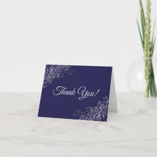 Cartão De Agradecimento Lacy Silver Frills Elegant Navy Blue Wedding Photo