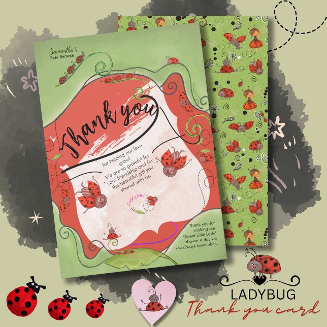 Cartão De Agradecimento Ladybug Kisses Whimsical Face Baby Shower (Ladybug Kisses Whimsical Face Baby Shower Thank You Card)