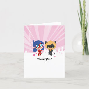 Cartão De Agradecimento Ladybug Milagrosa & Cat Noir Chibi de Aniversário