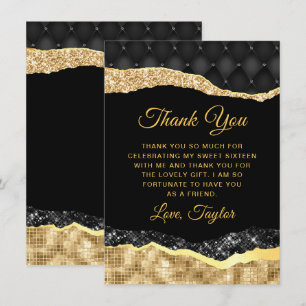Cartão De Agradecimento Lágrimas de Glamour Preto e Dourado Sweet Sixteen