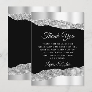 Cartão De Agradecimento Lágrimas Glam Prata e Preto Sweet Sixteen