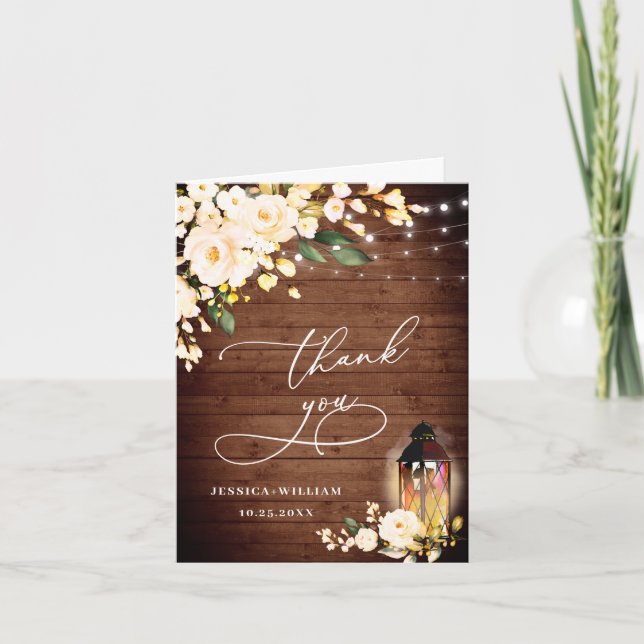 Cartão De Agradecimento Lanterna de Madeira Rústica de Rosas de Blush Eleg (Frente)